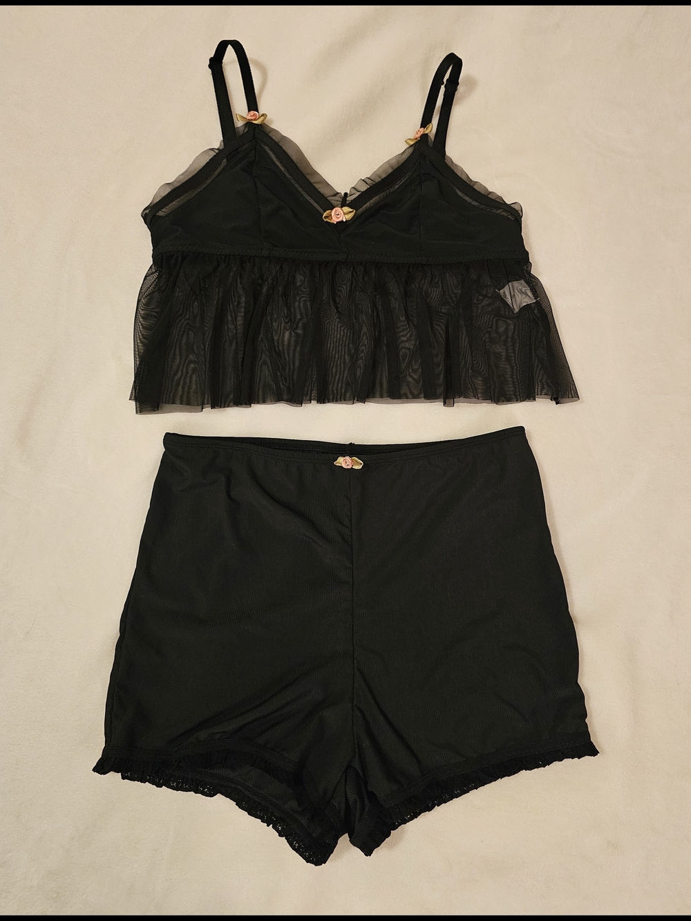 Black Sheer Mesh Babydoll Lingerie Set w/ Ruffle Hem & Matching Shorts Floral